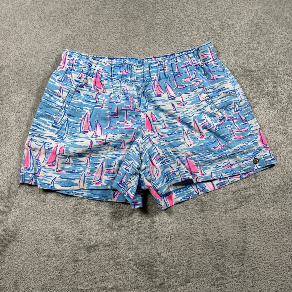 Lilly Pulitzer Lilo Linen Shorts Women Small Blue Sailboat Print Elastic Waist